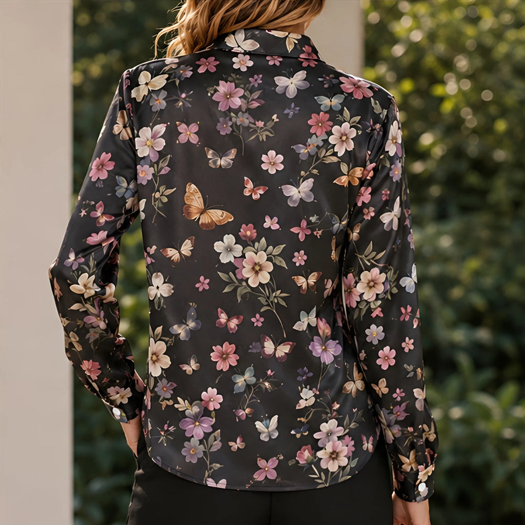 Women Loose Satin Shirt Long Sleeve Printed Blouse Turn Down Collar Elegant Casual Office Lady Spring Autumn Top Streetwear New