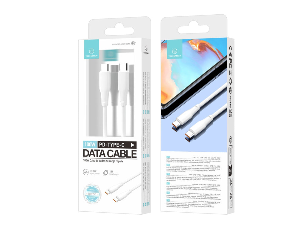 Techancy Cabo De Dados Pd 100w Branco 1m TB1791, Usb C-Usbc De Alta Potência, Compatível Com Computadores Portáteis