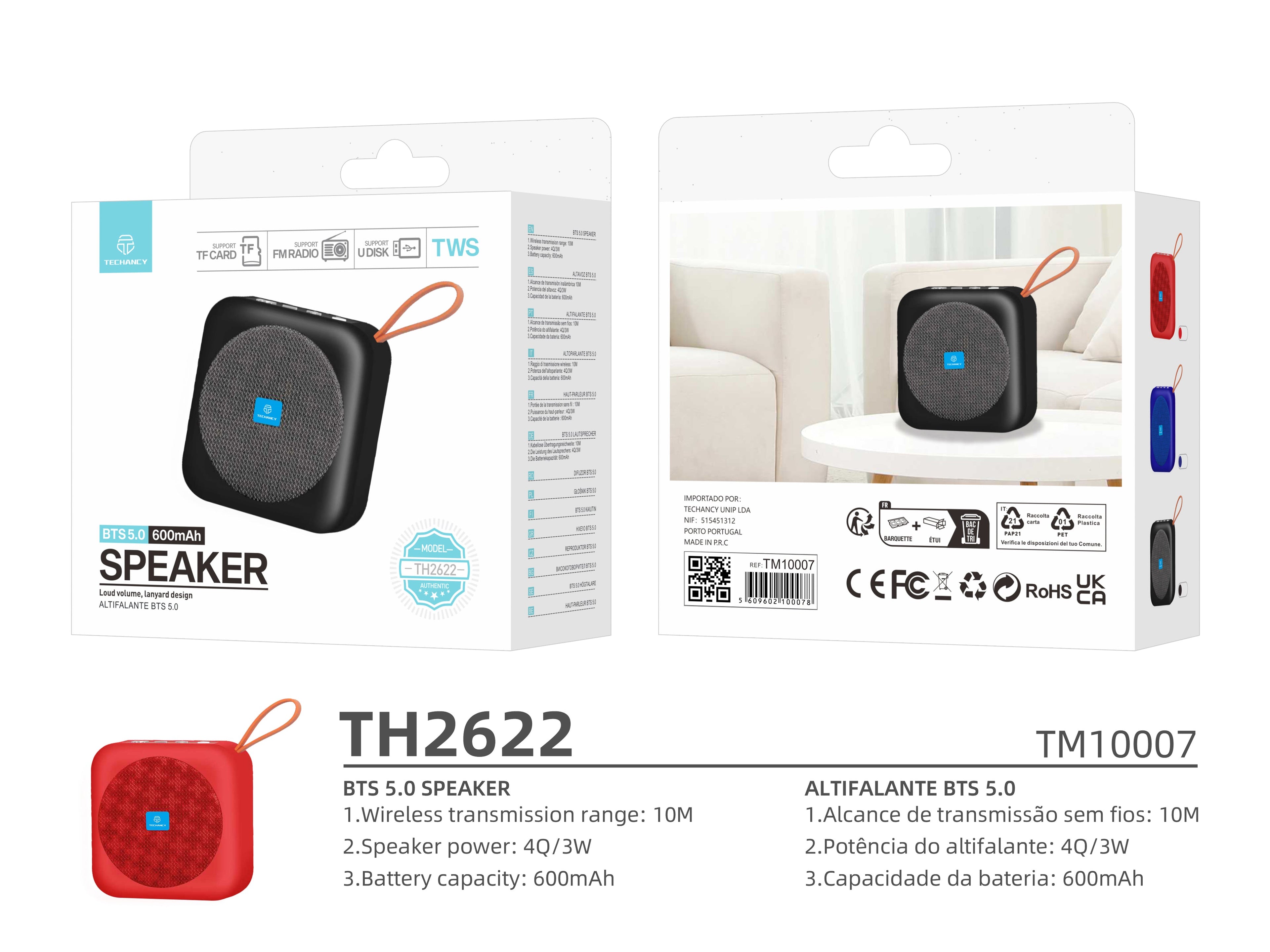 Techancy Altifalante Bluetooth Vermelho TH2622, Portátil E De Tamanho Compacto, Suporte Tf/Fm/Usb/Tws, Som Potente.