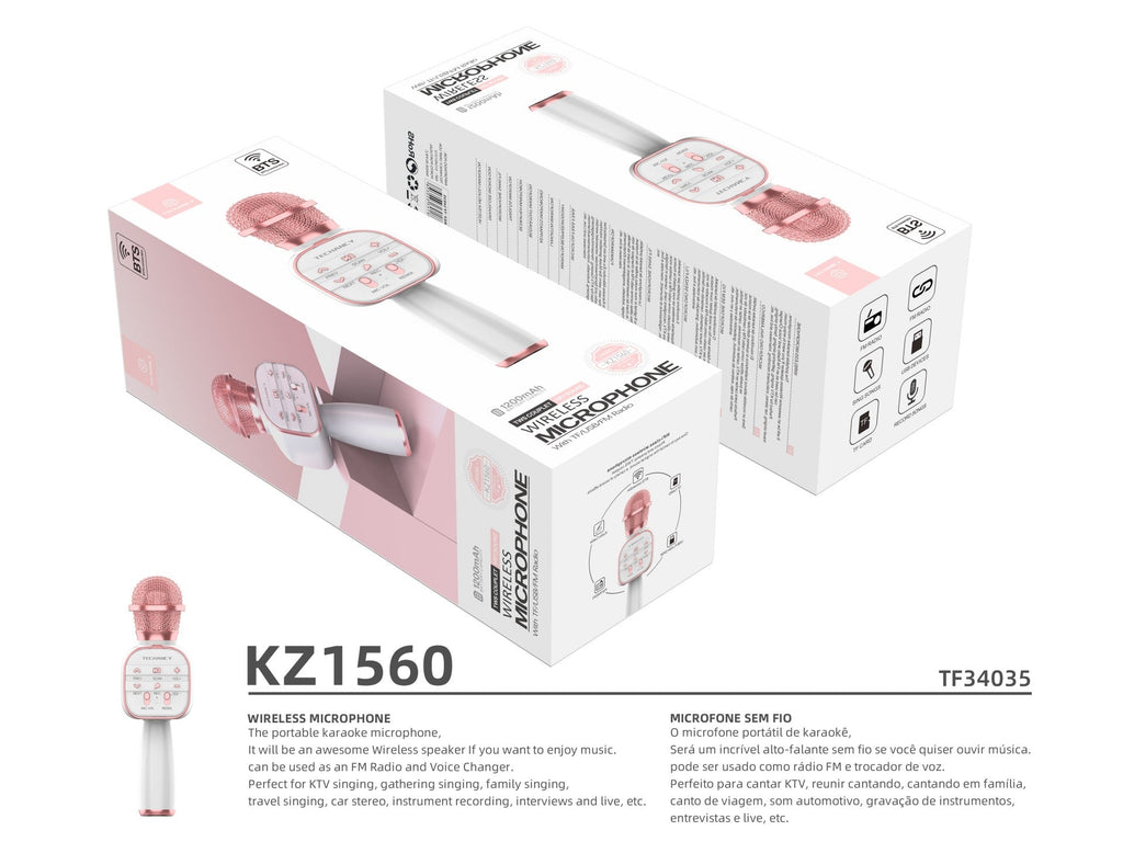 Microfone Bluetooth sem fios Techancy Dss, KZ1560, altifalante portátil para cantar, ouro rosa