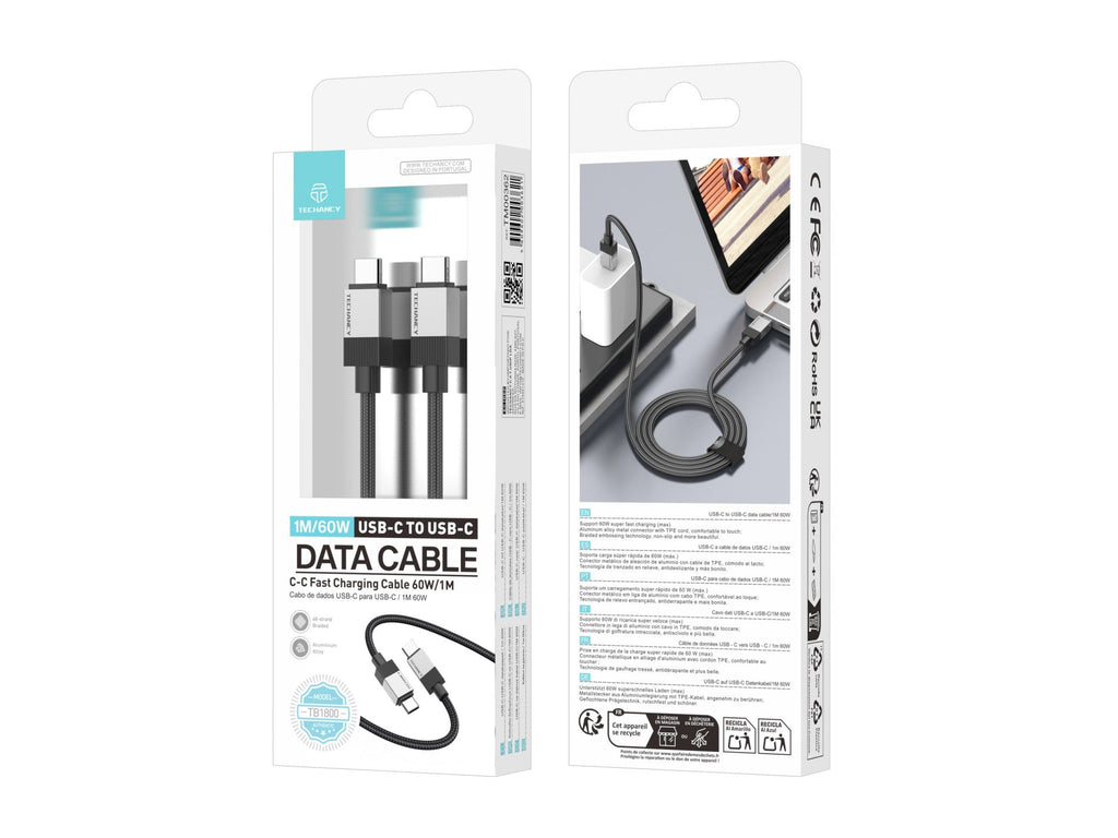 Techancy Cabo de Dados PD TB1800, 60W, 1m Preto, USB-C para USB-C, Conector de Liga de AlumInio, Design Trancado, Carregamento Rapido