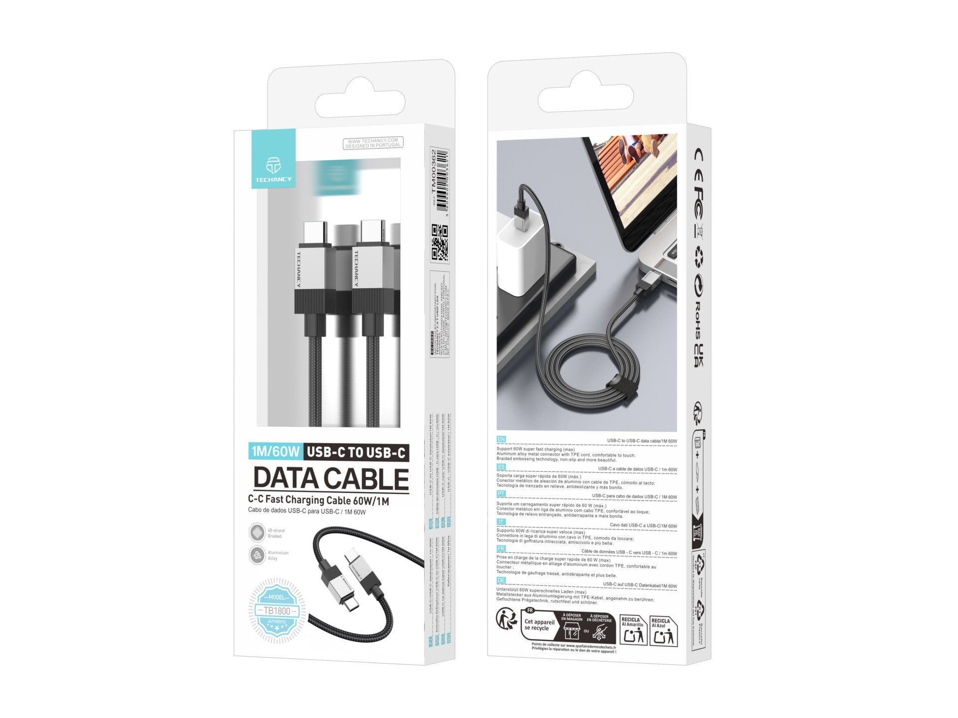 Techancy Cabo de Dados PD TB1800, 60W, 1m Preto, USB-C para USB-C, Conector de Liga de AlumInio, Design Trancado, Carregamento Rapido