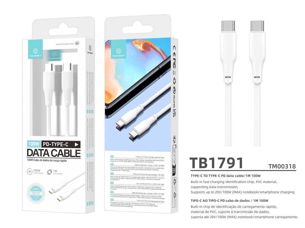 Techancy Cabo De Dados Pd 100w Branco 1m TB1791, Usb C-Usbc De Alta Potência, Compatível Com Computadores Portáteis