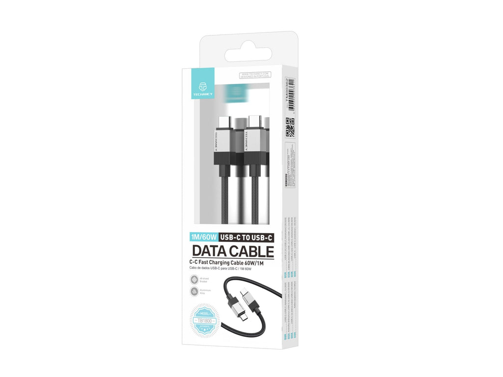 Techancy Cabo de Dados PD TB1800, 60W, 1m Preto, USB-C para USB-C, Conector de Liga de AlumInio, Design Trancado, Carregamento Rapido