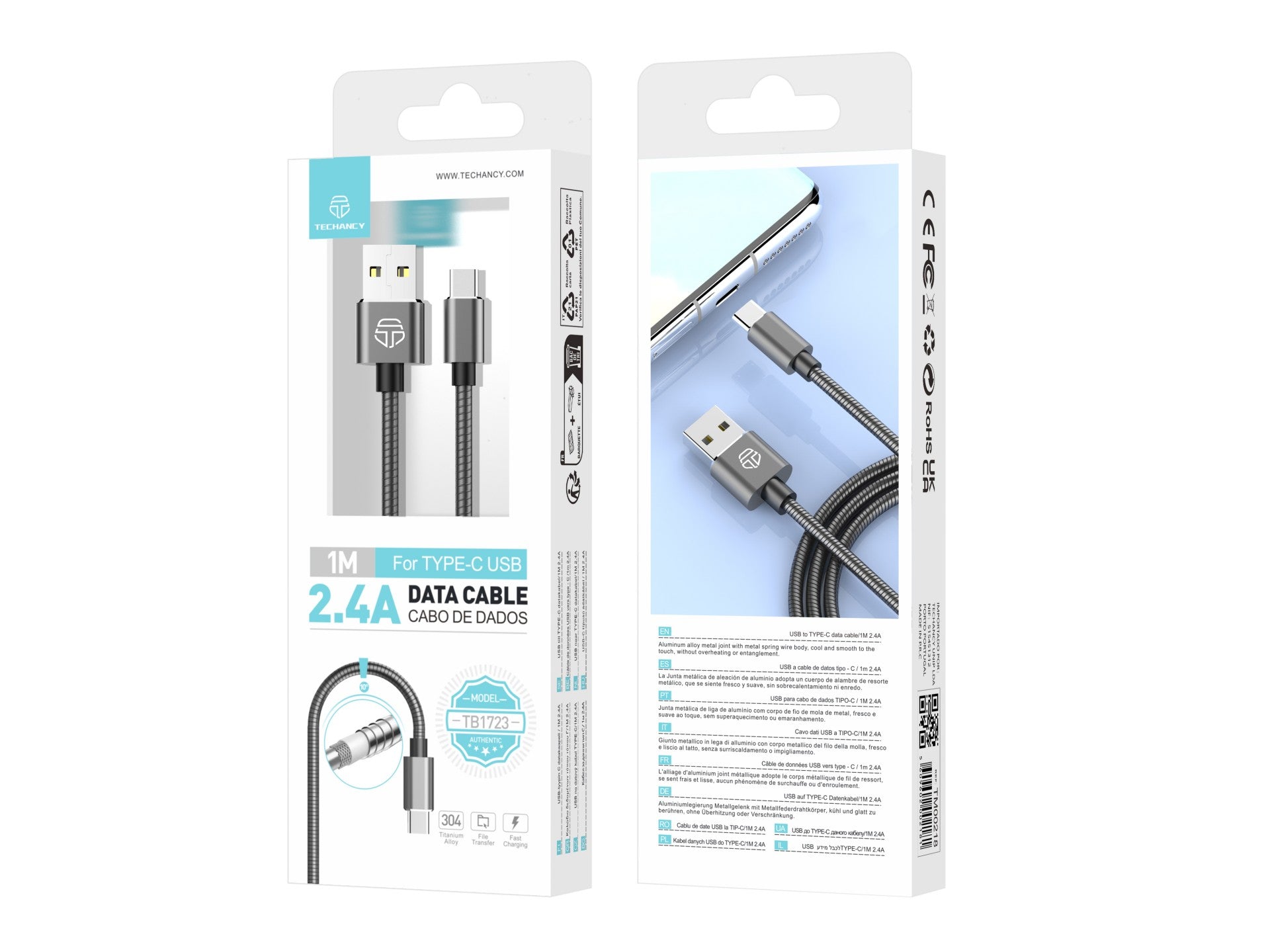 Techancy Cabo De Dados De Alumínio 1m  TB1662, Design Totalmente Metálico, Usb-Tipo C, Carregamento De 2,4a.